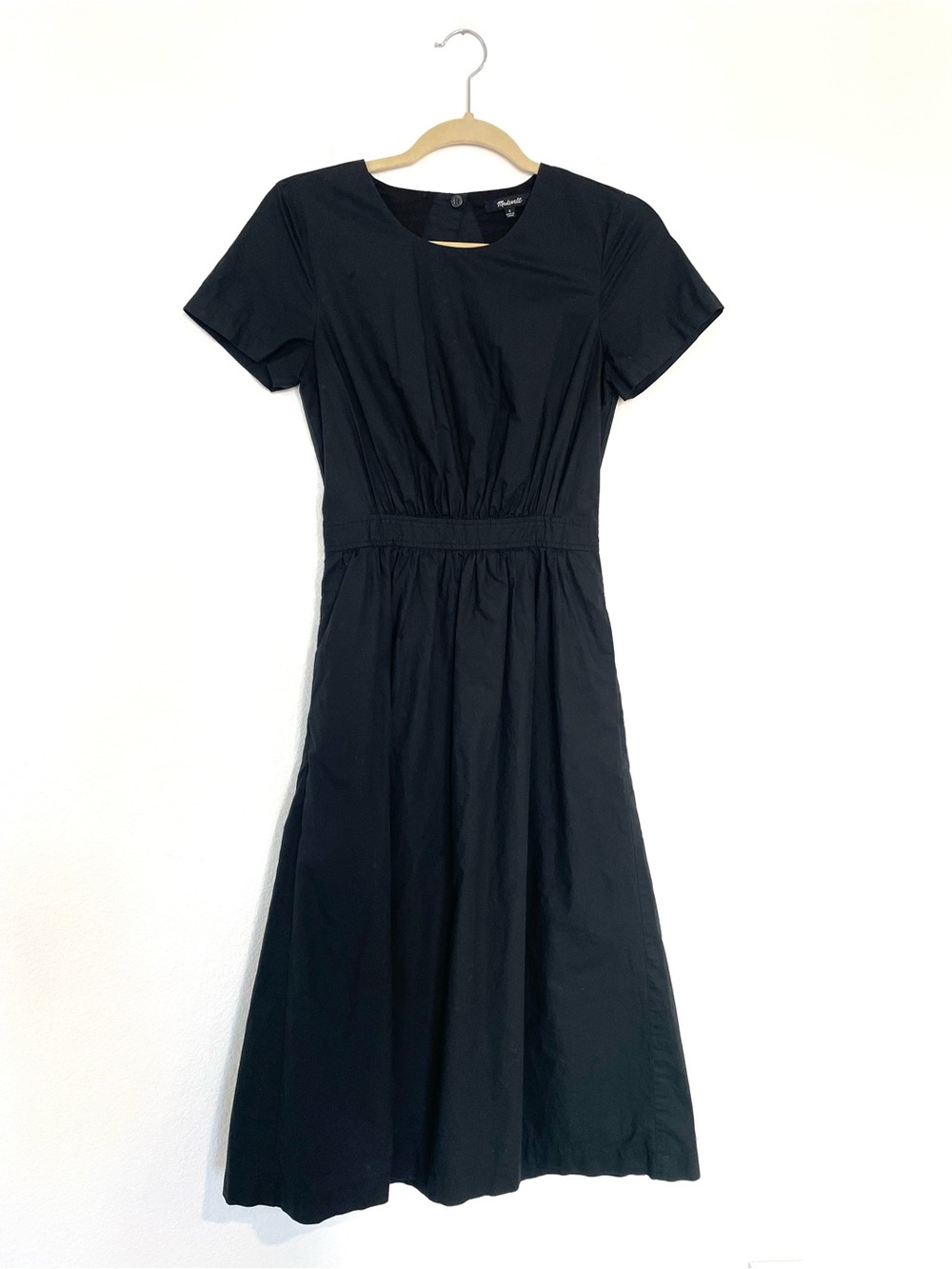 Madewell Black Short-Sleeve Open Back Button Up A-Line Midi Dress